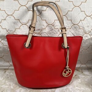 Michael Kors Jet Set Medium Saffiano Tote Leather Red and Tan